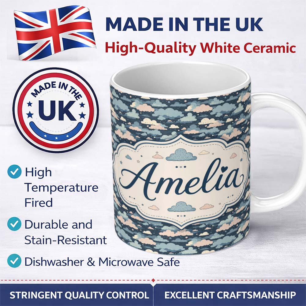 Personalized Custom Name Whimsical Cloud Pattern Dark Blue with Pastel Clouds Seamless Design 11oz Ceramic Coffee Tea Mug White Large Handle