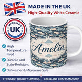 Personalized Custom Name Whimsical Cloud Pattern Dark Blue with Pastel Clouds Seamless Design 11oz Ceramic Coffee Tea Mug White Large Handle