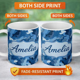 Personalized Custom Name Blue Tone Camouflage Abstract Modern Seamless Pattern Lovely 11oz Ceramic Coffee Tea Mug White Large Handle