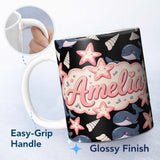 Personalized Custom Name Cute Kawaii Whale Starfish Seashell Ocean Animals Black Background 11oz Ceramic Coffee Tea Mug White Large Handle