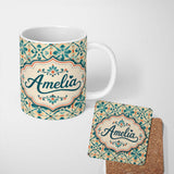 Personalized Custom Name Teal and Coral Geometric Floral Tile Pattern on Warm Cream Lovely 11oz Ceramic Coffee Tea Mug White Large Handle