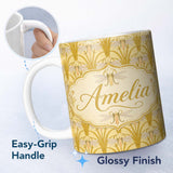 Personalized Custom Name Vintage Art Nouveau Dragonfly Floral Elegant Seamless Pattern Lovely 11oz Ceramic Coffee Tea Mug White Large Handle
