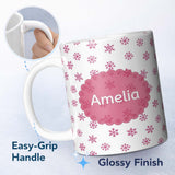 Personalized Custom Name Simple Pink Snowflake Polka Dot Winter Seamless Pattern Lovely 11oz Ceramic Coffee Tea Mug White Large Handle