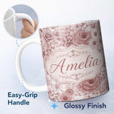 Personalized Custom Name Warm Blush Pink Floral Bouquet Seamless Pattern with Roses Peonies 11oz Ceramic Coffee Tea Mug White Large Handle
