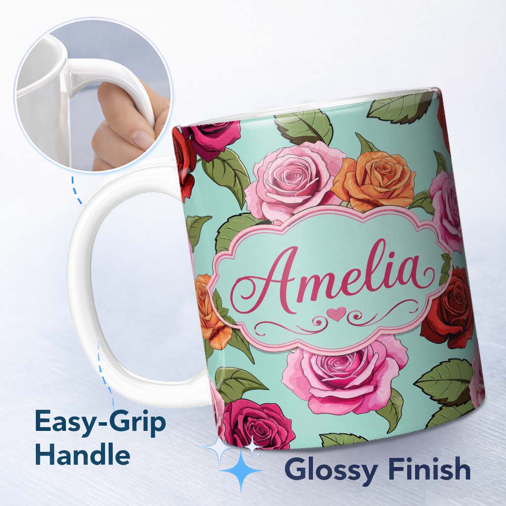 Personalized Custom Name Colorful Roses on Soft Mint Background Seamless Floral Pattern 11oz Ceramic Coffee Tea Mug White Large Handle