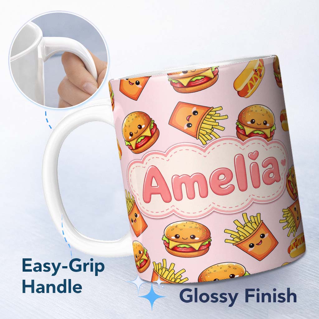 Personalized Custom Name Cute Kawaii Burger Fries Hotdog Fast Food Soft Pink Background 11oz Ceramic Coffee Tea Mug White Large Handle