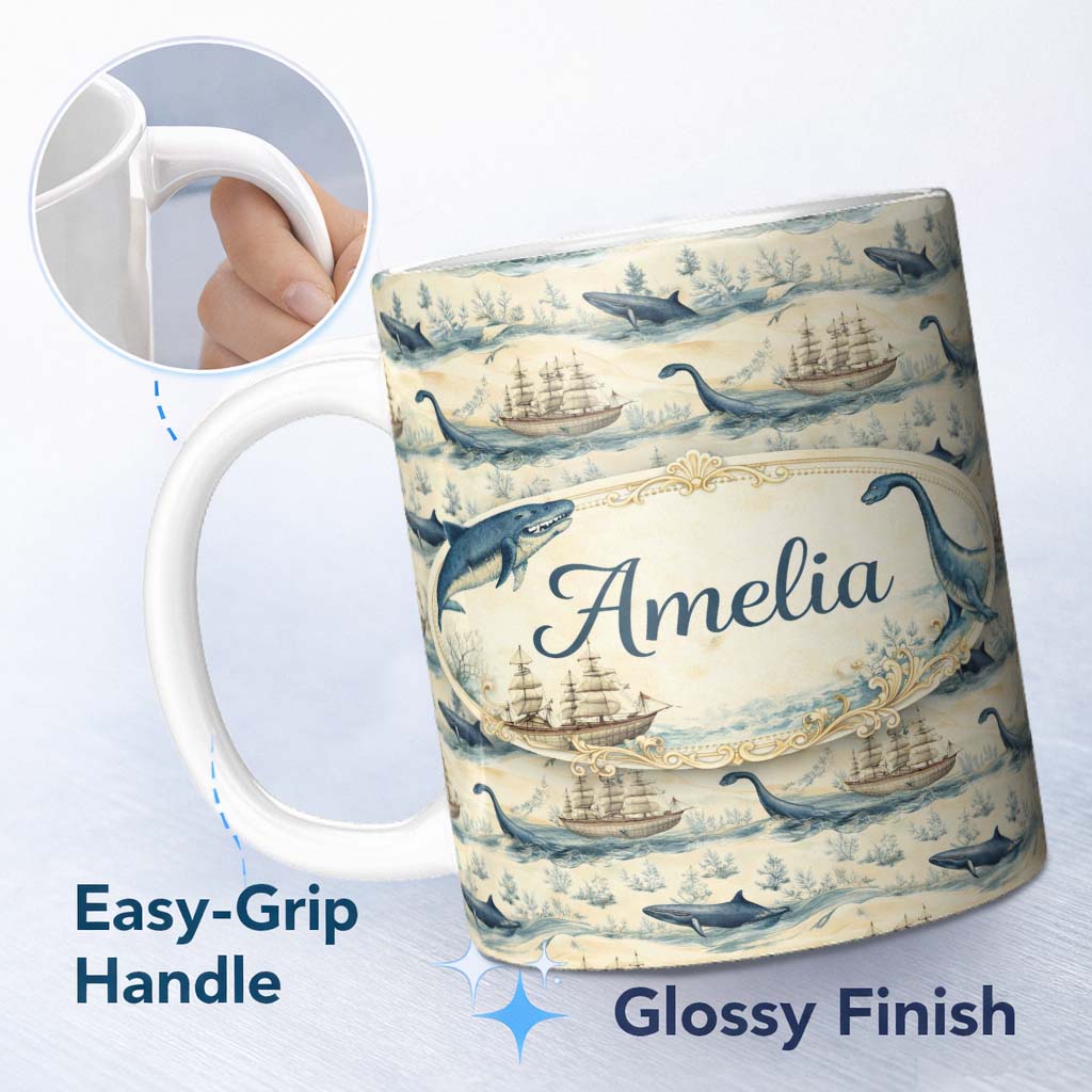 Personalized Custom Name Watercolour Whale Seamless Pattern Soft Ocean Marine Animal Design 11oz Ceramic Coffee Tea Mug White Large Handle