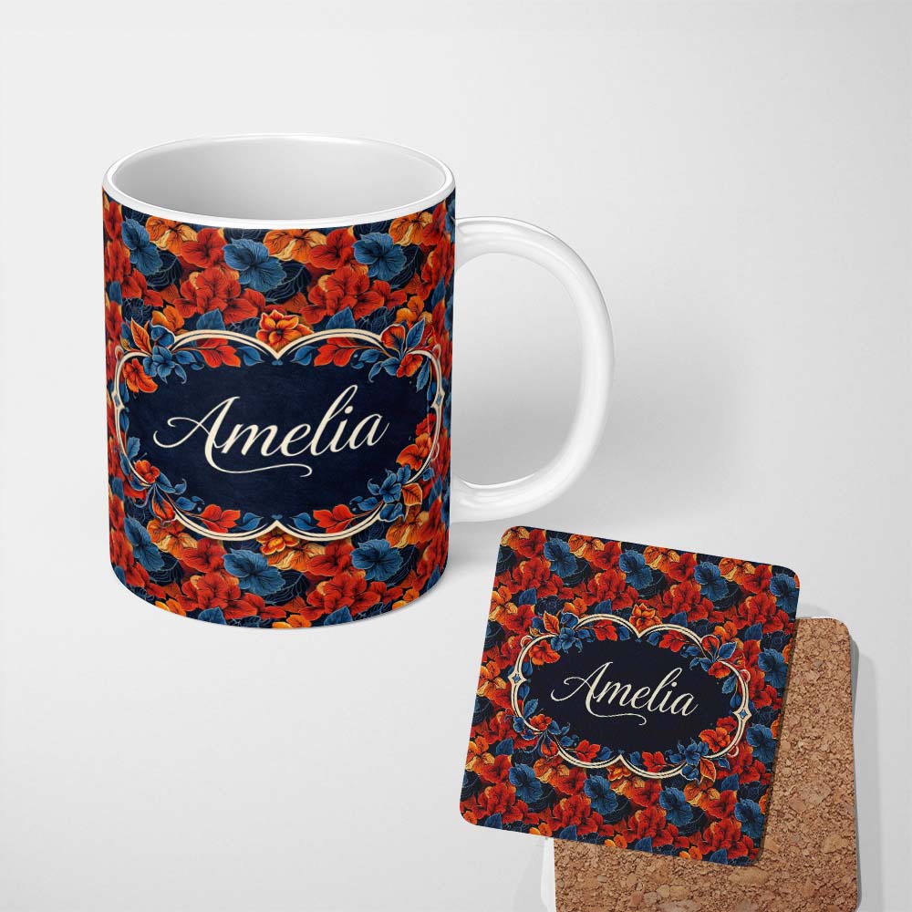 Personalized Custom Name Abstract Blue Orange Floral Artistic Seamless Pattern Lovely 11oz Ceramic Coffee Tea Mug White Large Handle