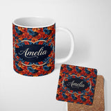 Personalized Custom Name Abstract Blue Orange Floral Artistic Seamless Pattern Lovely 11oz Ceramic Coffee Tea Mug White Large Handle