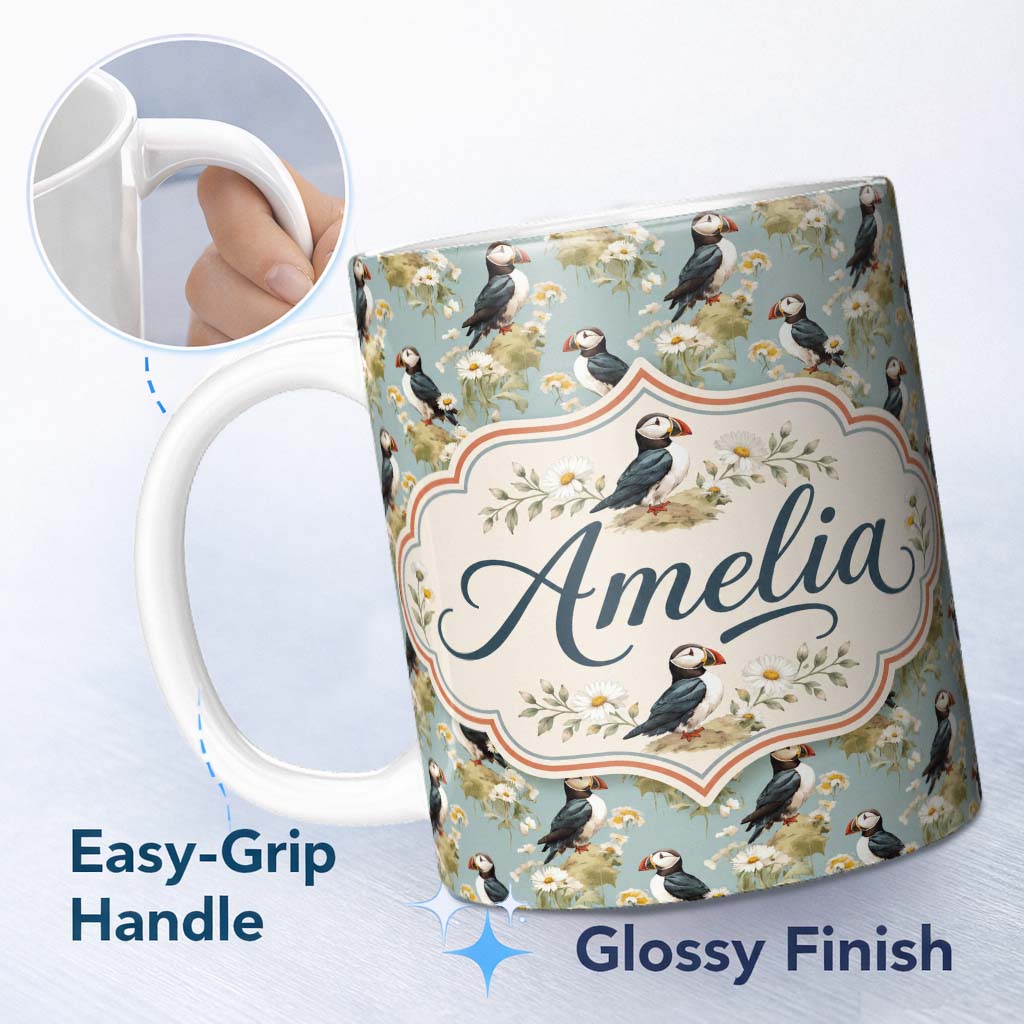 Personalized Custom Name Puffin and Wildflower Garden Pattern Nature Inspired Seamless Design 11oz Ceramic Coffee Tea Mug White Large Handle