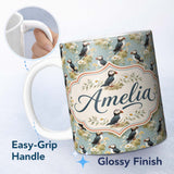 Personalized Custom Name Puffin and Wildflower Garden Pattern Nature Inspired Seamless Design 11oz Ceramic Coffee Tea Mug White Large Handle