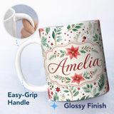 Personalized Custom Name Delicate Christmas Poinsettia Leaves Botanical Watercolor Seamless 11oz Ceramic Coffee Tea Mug White Large Handle