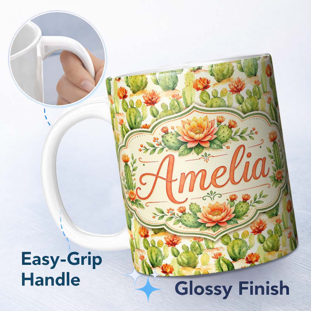 Personalized Custom Name Warm Desert Cactus Orange Blossoms Watercolor Seamless Pattern 11oz Ceramic Coffee Tea Mug White Large Handle