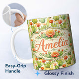 Personalized Custom Name Warm Desert Cactus Orange Blossoms Watercolor Seamless Pattern 11oz Ceramic Coffee Tea Mug White Large Handle