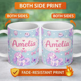 Custom Name Cute Pastel Unicorn Butterfly Candy Stars Blue Background Seamless 11oz Ceramic Coffee Tea Mug White Large Handle