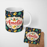 Personalized Custom Name Cute Sweater Candle Gift Candy Cane Seamless Pattern Winter Holiday 11oz Ceramic Coffee Tea Mug White Large Handle