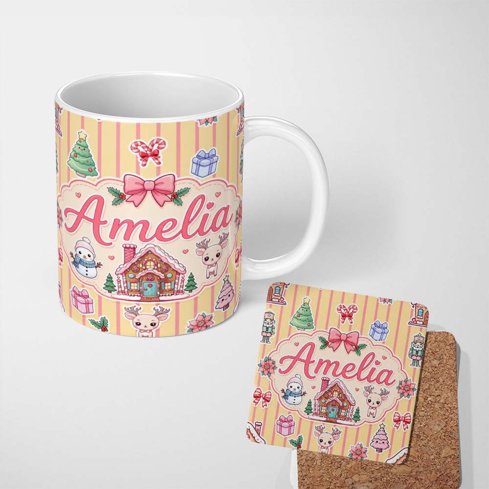 Personalized Custom Name Cute Christmas Festive Stickers Gingerbread House Tree Yellow Stripe 11oz Ceramic Coffee Tea Mug White Large Handle