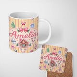 Personalized Custom Name Cute Christmas Festive Stickers Gingerbread House Tree Yellow Stripe 11oz Ceramic Coffee Tea Mug White Large Handle