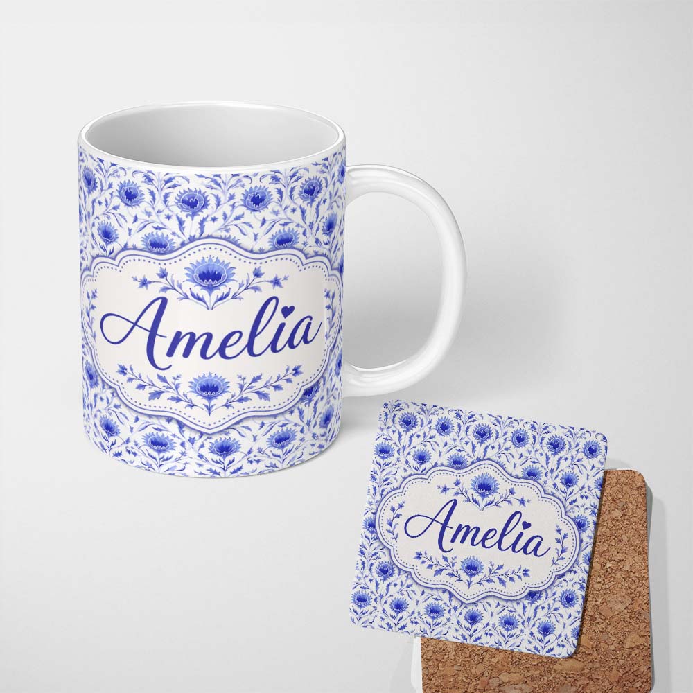 Personalized Custom Name Artistic Lavender Floral Pattern with Muted Tones and Fine Detail 11oz Ceramic Coffee Tea Mug White Large Handle