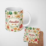Personalized Custom Name Cute Christmas Ornament Candy Cane Star Holly Seamless Pattern 11oz Ceramic Coffee Tea Mug White Large Handle