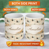 Personalized Custom Name Minimal Rustic Black Rabbit Beige Background Seamless Pattern Lovely 11oz Ceramic Coffee Tea Mug White Large Handle