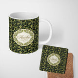 Personalized Custom Name Dark Green Grape Vine Leaves and Fruit Seamless Pattern Lovely 11oz Ceramic Coffee Tea Mug White Large Handle