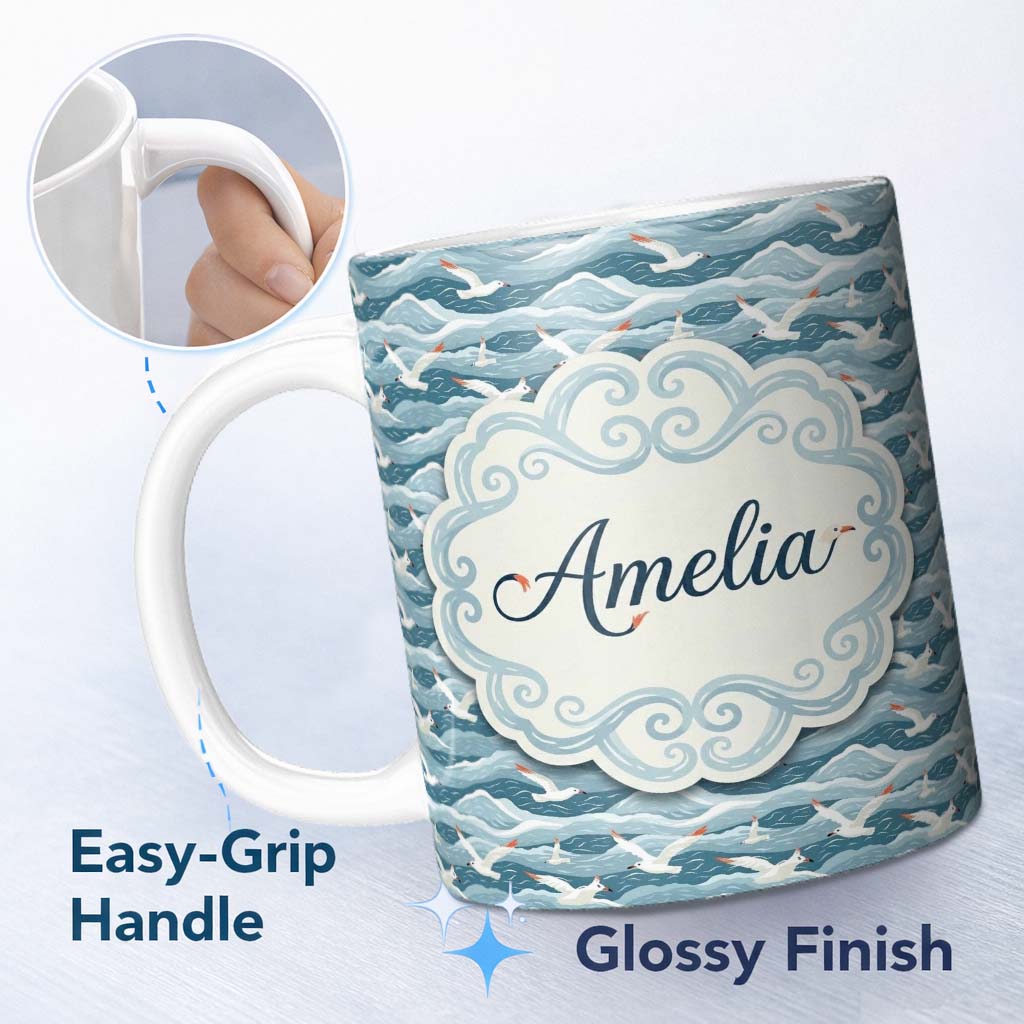 Personalized Custom Name Seagulls Flying Over Ocean Waves Blue Coastal Seamless Pattern 11oz Ceramic Coffee Tea Mug White Large Handle