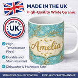 Personalized Custom Name Light Blue Gold Snowflake Star Glitter Christmas Seamless Pattern 11oz Ceramic Coffee Tea Mug White Large Handle