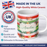 Personalized Custom Name Watercolor Christmas Tree Gift Box Stripe Background Seamless Lovely 11oz Ceramic Coffee Tea Mug White Large Handle