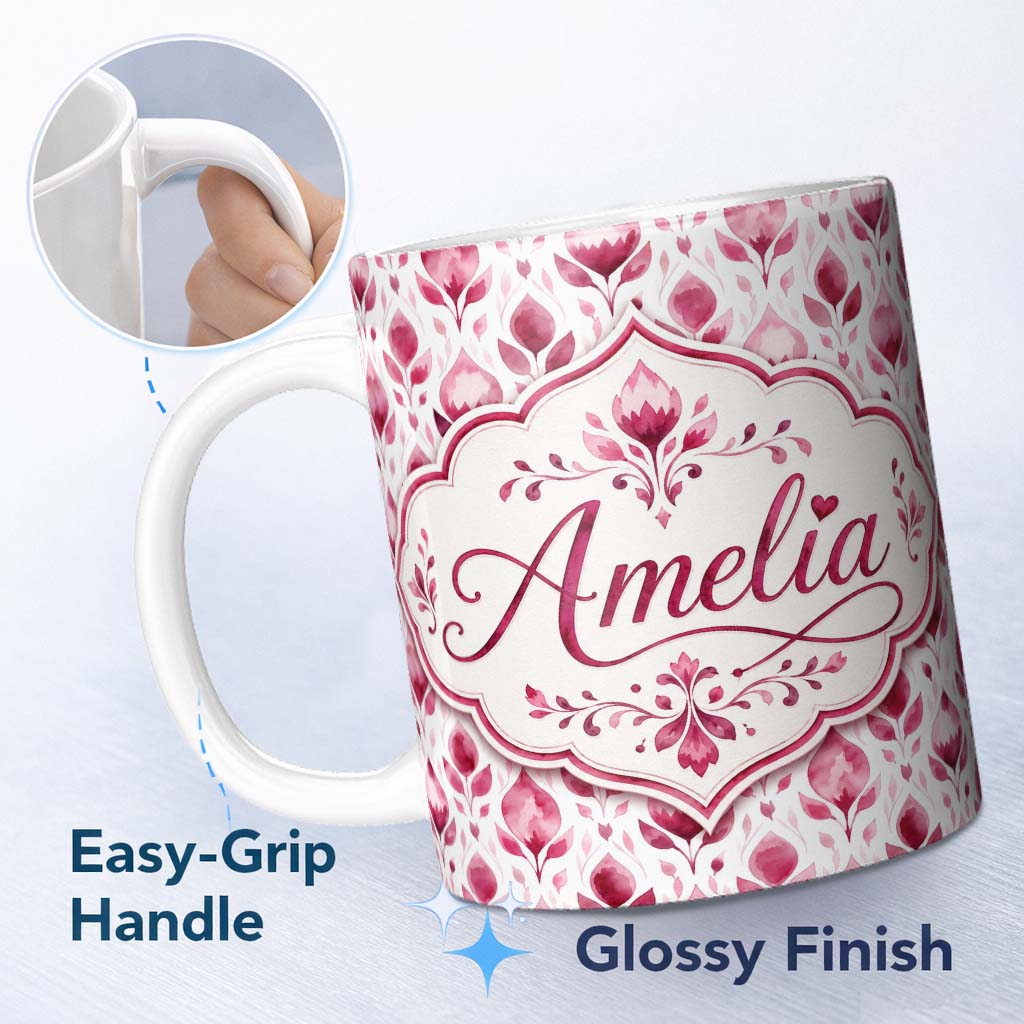 Personalized Custom Name Pink Watercolor Leaf Botanical Seamless Pattern Perfect Gift for Her 11oz Ceramic Coffee Tea Mug White Large Handle