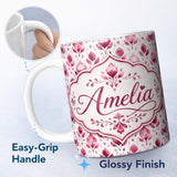 Personalized Custom Name Pink Watercolor Leaf Botanical Seamless Pattern Perfect Gift for Her 11oz Ceramic Coffee Tea Mug White Large Handle
