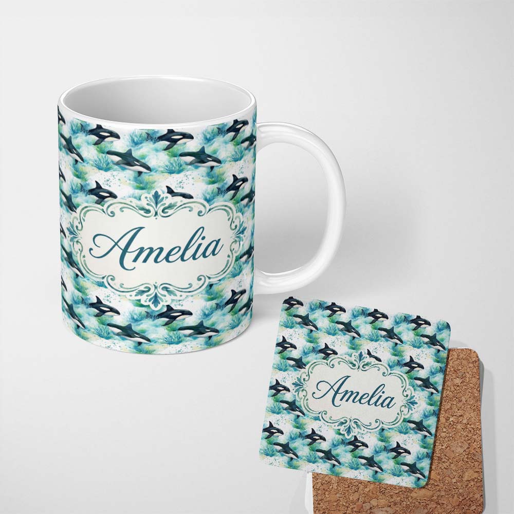 Personalized Custom Name Orca Whale Forest Coastal Seamless Pattern Nature Ocean Fusion 11oz Ceramic Coffee Tea Mug White Large Handle