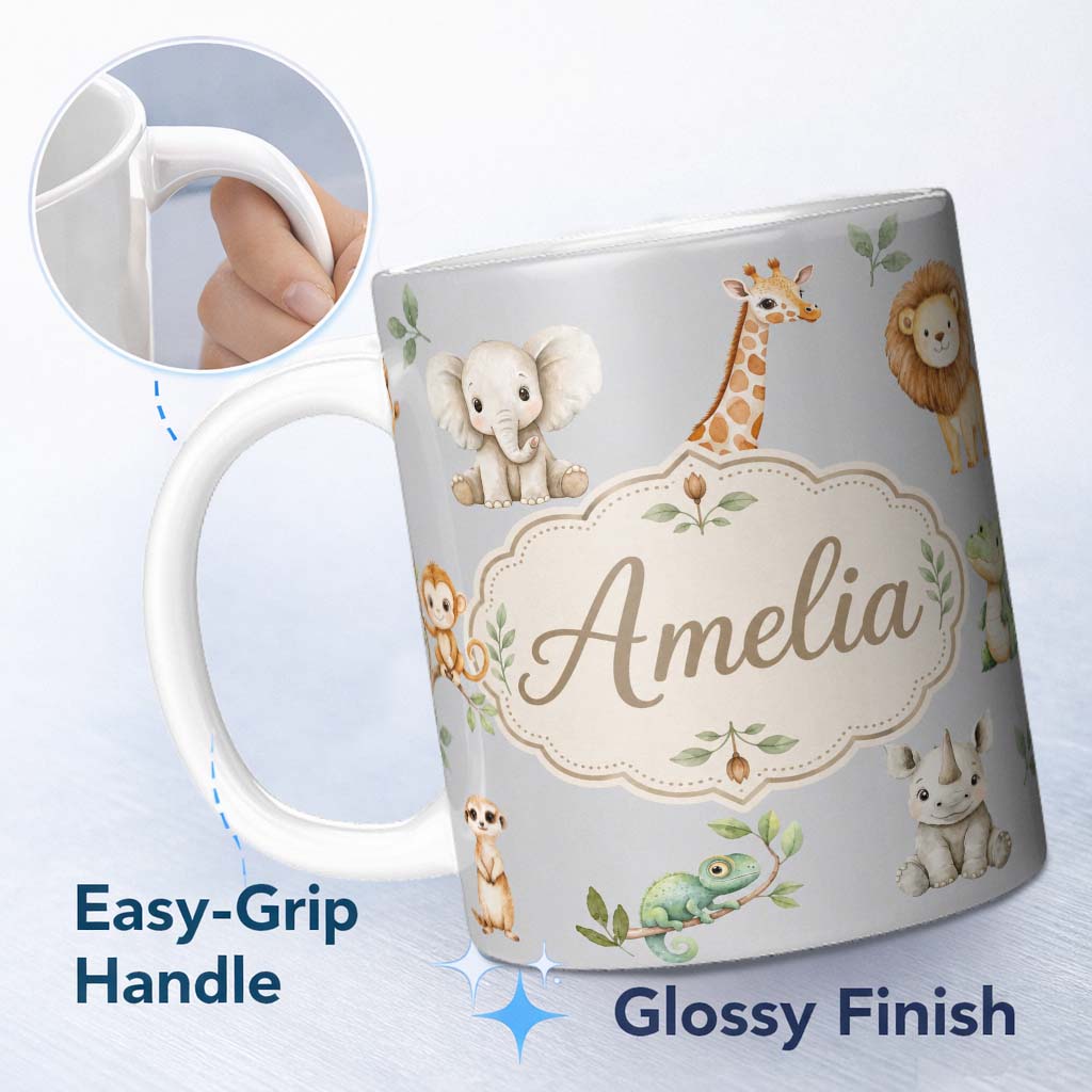 Personalized Custom Name Safari Animals with Elephant Lion and Crocodile on Cool Grey Lovely 11oz Ceramic Coffee Tea Mug White Large Handle