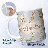 Personalized Custom Name Safari Animals with Elephant Lion and Crocodile on Cool Grey Lovely 11oz Ceramic Coffee Tea Mug White Large Handle