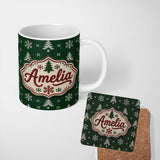Personalized Custom Name Cute Green Knitted Christmas Tree Snowflake Nordic Seamless Pattern 11oz Ceramic Coffee Tea Mug White Large Handle