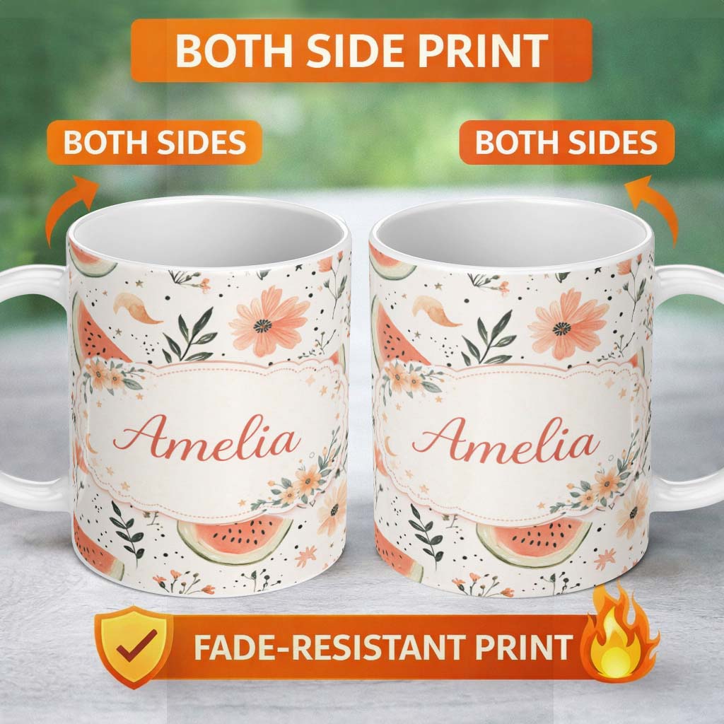 Personalized Custom Name Watermelon Slice and Floral Pattern Summer Theme Cute Unique Gift 11oz Ceramic Coffee Tea Mug White Large Handle