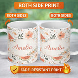 Personalized Custom Name Watermelon Slice and Floral Pattern Summer Theme Cute Unique Gift 11oz Ceramic Coffee Tea Mug White Large Handle
