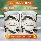 Personalized Custom Name Bold Expressionist Brush Strokes Black Cream Artistic Abstract 11oz Ceramic Coffee Tea Mug White Large Handle