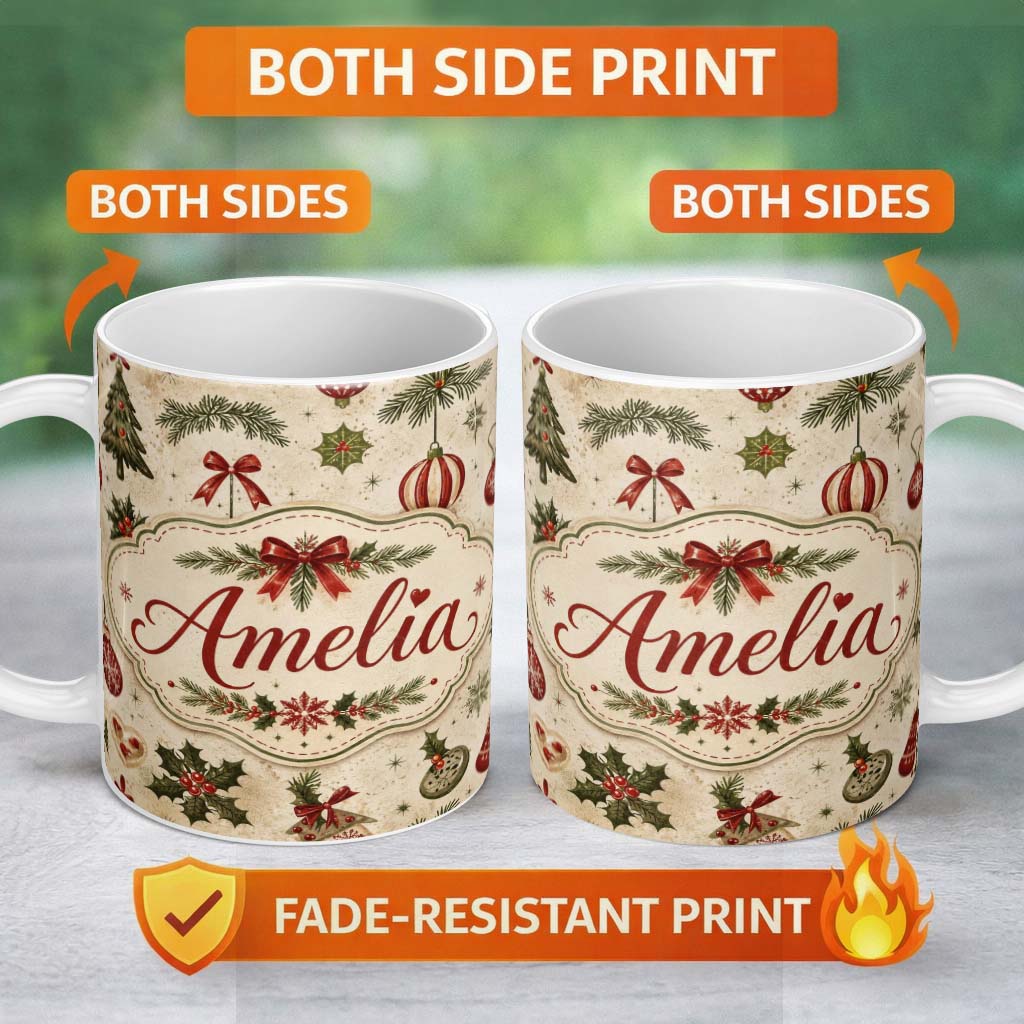 Personalized Custom Name Minimal Christmas Ornaments Pine Branches and Bows Seamless Pattern 11oz Ceramic Coffee Tea Mug White Large Handle