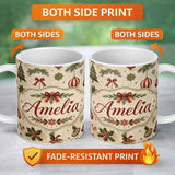 Personalized Custom Name Minimal Christmas Ornaments Pine Branches and Bows Seamless Pattern 11oz Ceramic Coffee Tea Mug White Large Handle