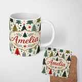 Personalized Custom Name Cute Scandinavian Christmas Tree Folk Art Seamless Pattern Lovely 11oz Ceramic Coffee Tea Mug White Large Handle