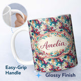 Personalized Custom Name Vibrant Fluid Art Pink Teal Yellow Abstract Pattern Cute Unique Gift 11oz Ceramic Coffee Tea Mug White Large Handle