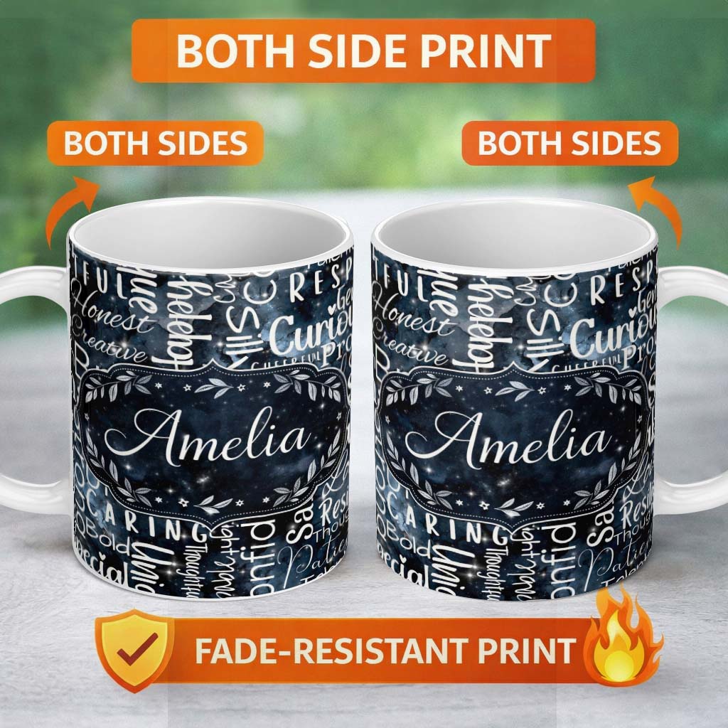 Personalized Custom Name Galaxy Sparkle Typography Black Motivational Word Pattern Lovely 11oz Ceramic Coffee Tea Mug White Large Handle