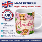 Personalized Custom Name Cute Jungle Animals Lion Tiger Leopard Tropical Leaves Soft Pink 11oz Ceramic Coffee Tea Mug White Large Handle