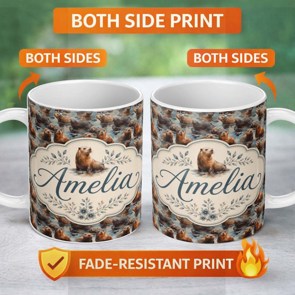 Personalized Custom Name Cute Cartoon Seal Shapes in Blue Minimal Modern Seamless Pattern 11oz Ceramic Coffee Tea Mug White Large Handle