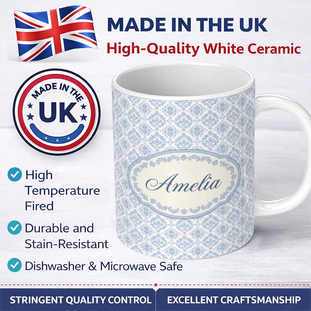 Personalized Custom Name Vintage Blue Damask Classic Seamless Pattern Cute Unique Gift Lovely 11oz Ceramic Coffee Tea Mug White Large Handle