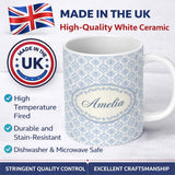 Personalized Custom Name Vintage Blue Damask Classic Seamless Pattern Cute Unique Gift Lovely 11oz Ceramic Coffee Tea Mug White Large Handle