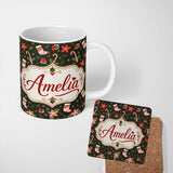 Personalized Custom Name Christmas Stocking Candy Cane Poinsettia Seamless Pattern Festive 11oz Ceramic Coffee Tea Mug White Large Handle