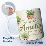 Personalized Custom Name Cute Kawaii Smiling Plant Pots Leaves Seamless Pattern Cream Lovely 11oz Ceramic Coffee Tea Mug White Large Handle