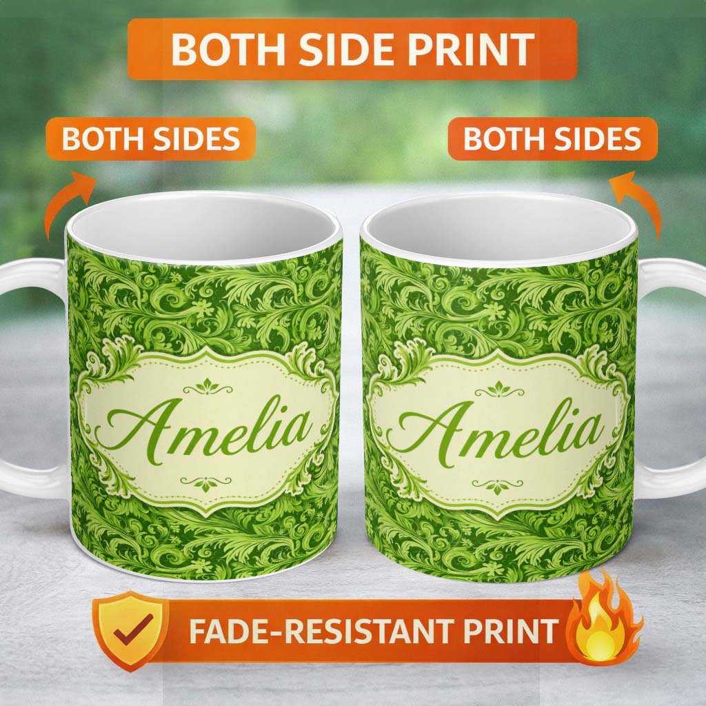 Personalized Custom Name Deep Green Baroque Ornamental Scroll Seamless Pattern Lovely 11oz Ceramic Coffee Tea Mug White Large Handle